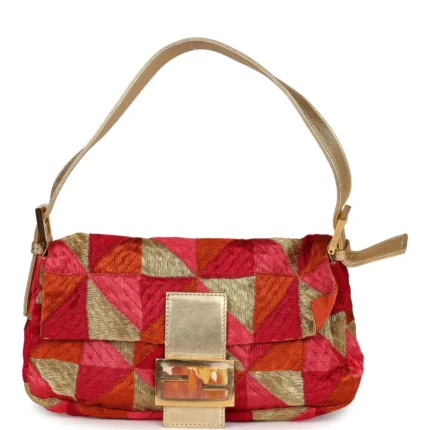 Vintage Fendi Patchwork Baguette Bag – Silk Embroidery, Gold Hardware
