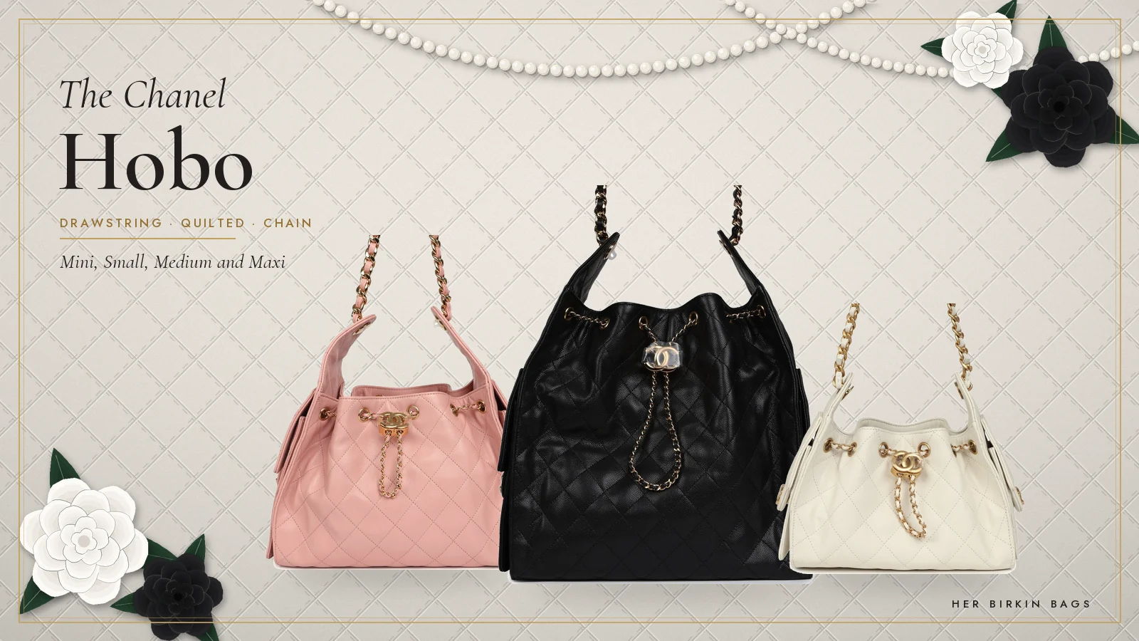 Chanel hobo bags in pink, black and white caviar with camellias and pearls