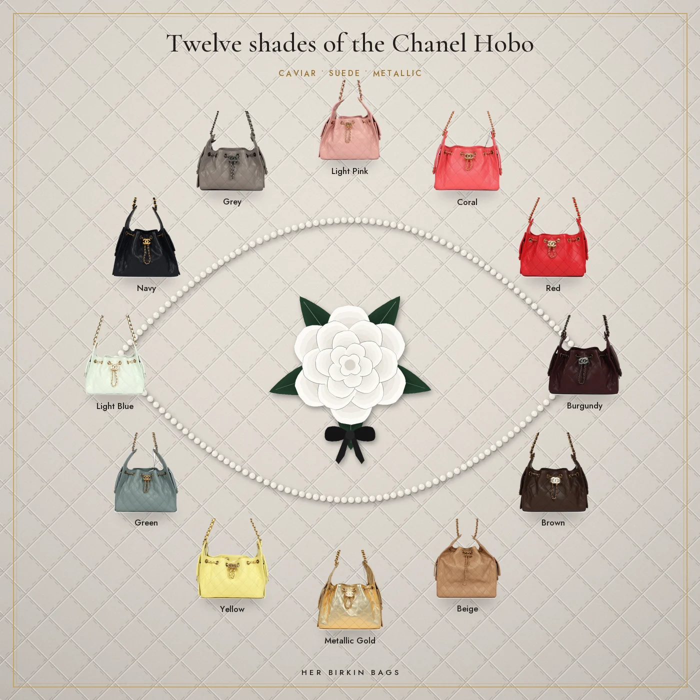 Twelve Chanel hobo colours: light pink, coral, red, burgundy, brown, beige, metallic gold, yellow, green, light blue, navy and grey