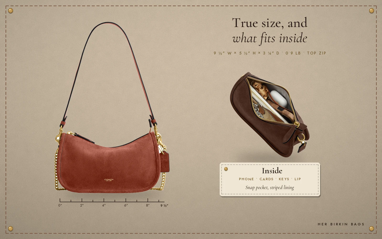Coach Waverly suede crossbody bag size: 9.5 x 5.5 x 3.25 inches, and the interior