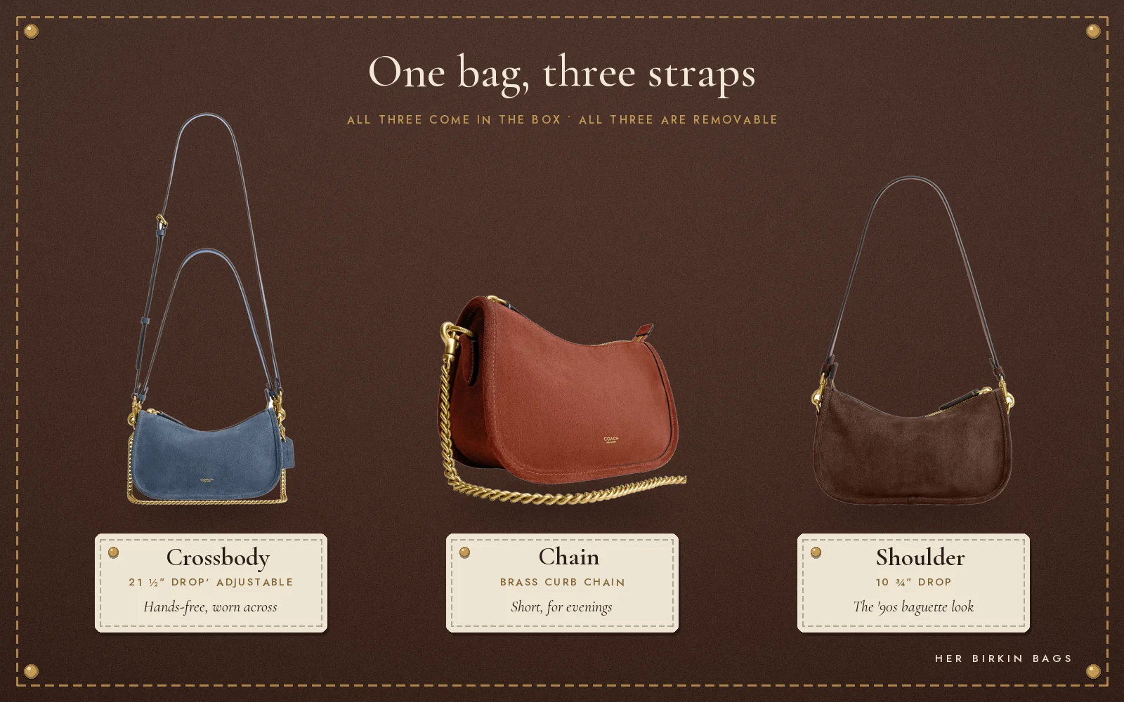 Coach Waverly suede crossbody bag with its three straps: crossbody, chain and shoulder