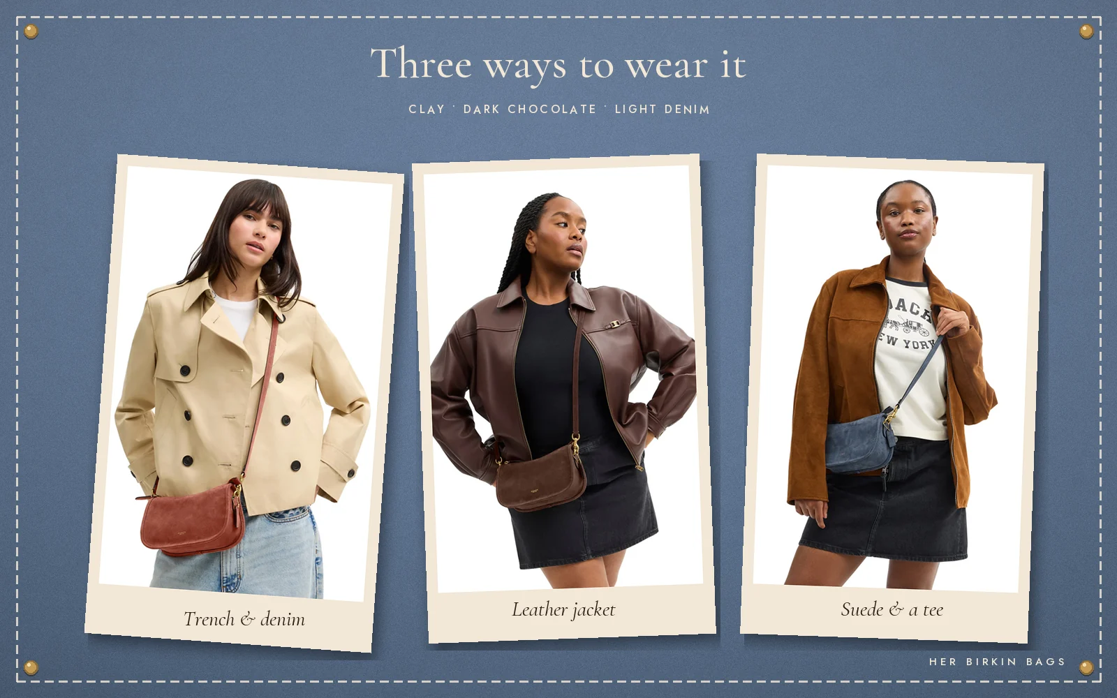 Three ways to wear the Coach Waverly suede crossbody bag in Clay, Dark Chocolate and Light Denim