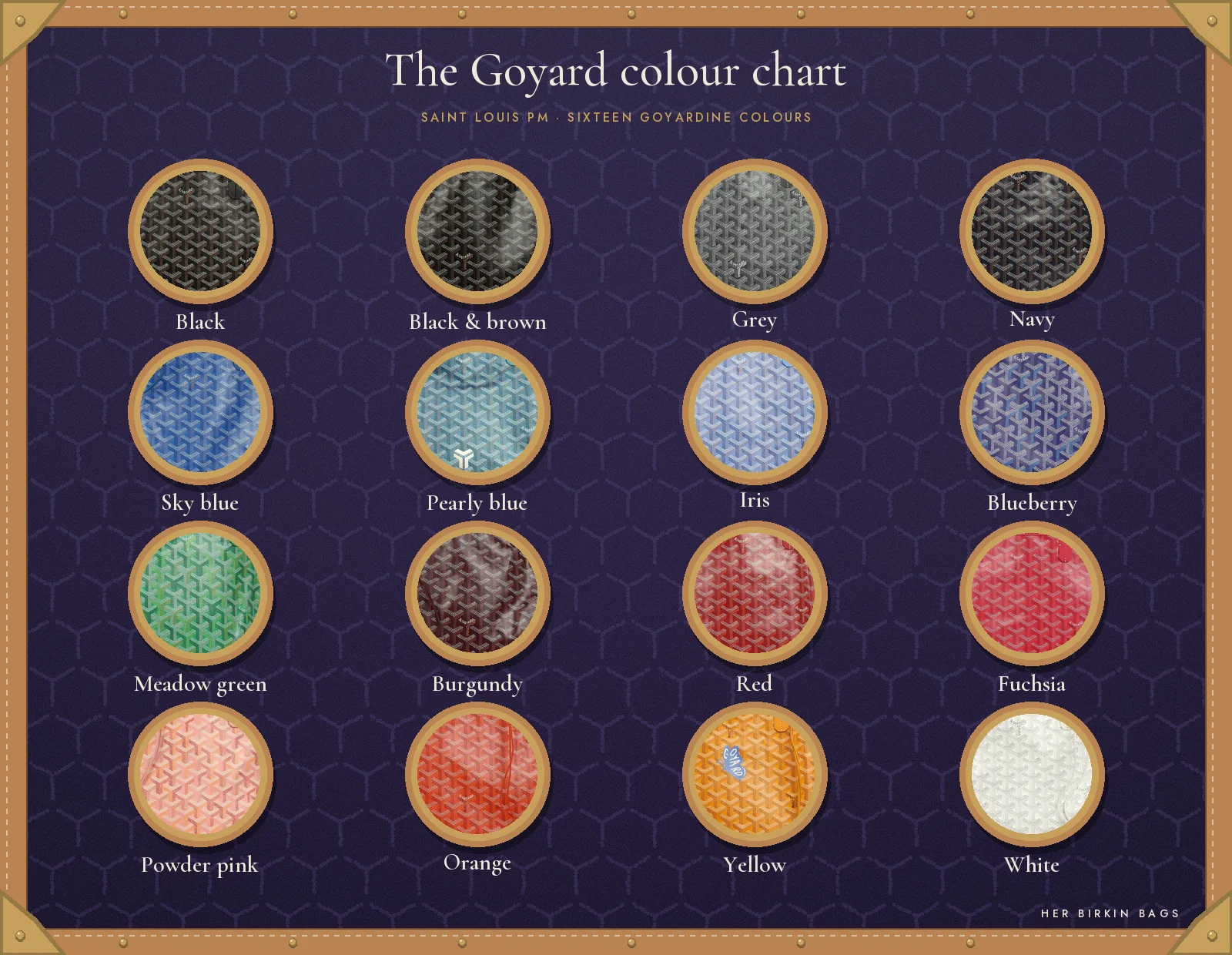 Goyard colours chart: sixteen Goyardine shades of the Saint Louis PM, from black to white