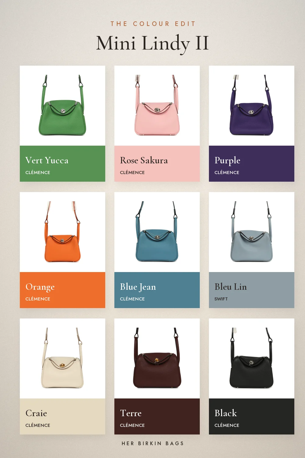 Hermès Mini Lindy II colours in stock: Vert Yucca, Rose Sakura, Purple, Orange, Blue Jean, Bleu Lin, Craie, Terre and Black