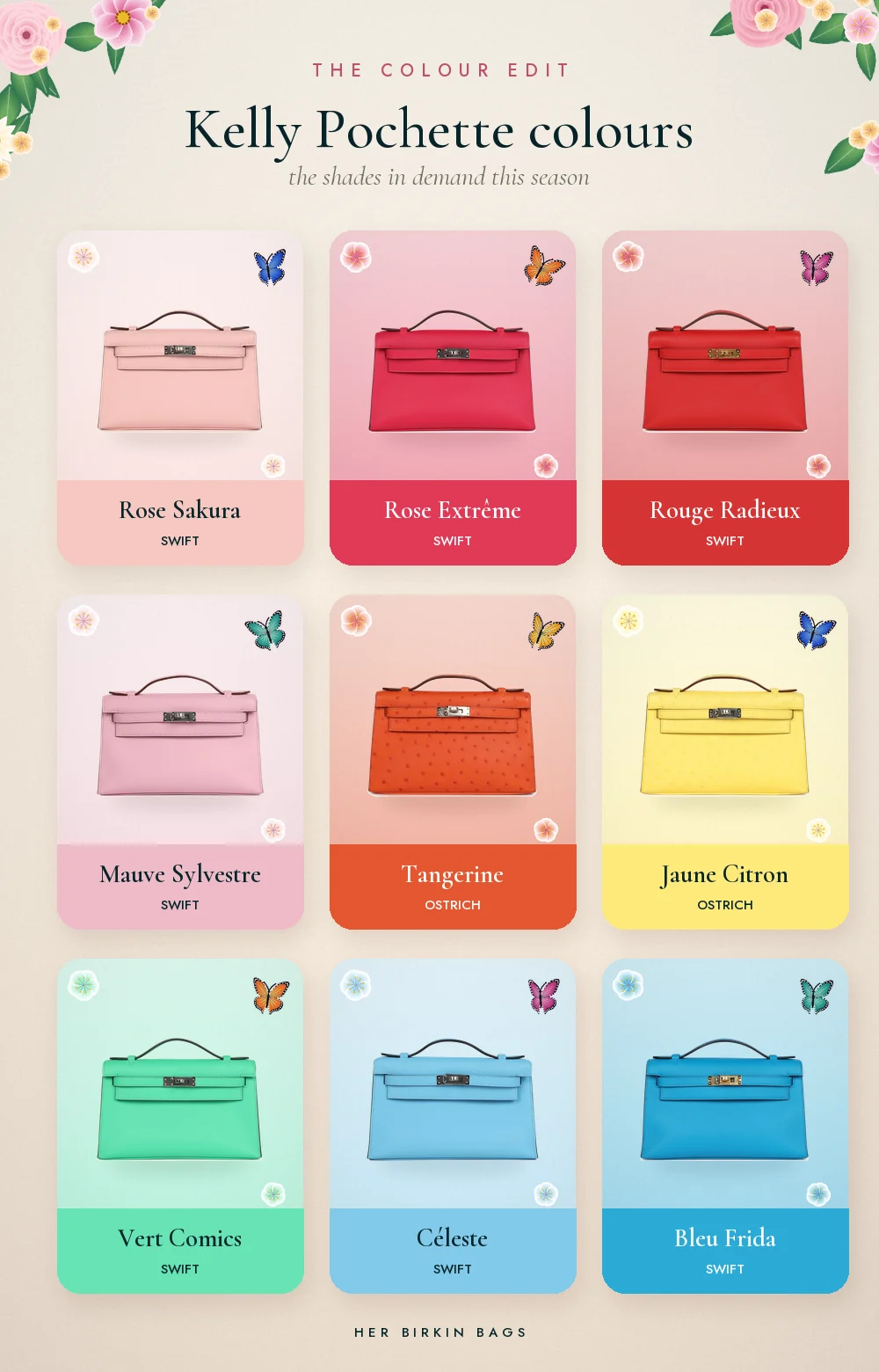 Kelly Pochette colours in demand: Rose Sakura, Rose Extrême, Rouge Radieux, Mauve Sylvestre, Tangerine Ostrich, Jaune Citron Ostrich, Vert Comics, Céleste and Bleu Frida