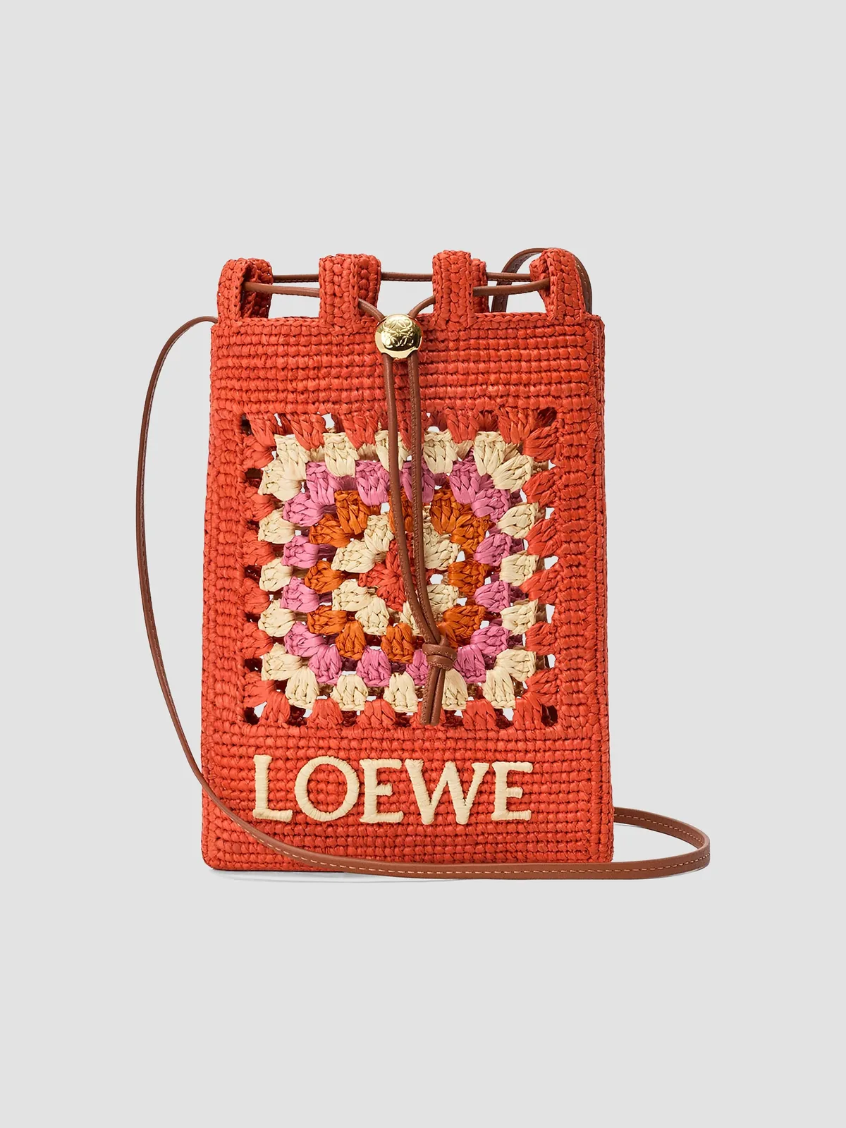 LOEWE x Paula's Ibiza Drawstring Crochet Raffia Pocket Pouch for Sale - Bright Orange Pink