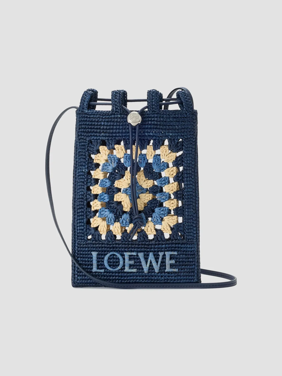 LOEWE x Paula's Ibiza Drawstring Crochet Raffia Pocket Pouch for Sale - Navy Sky Blue