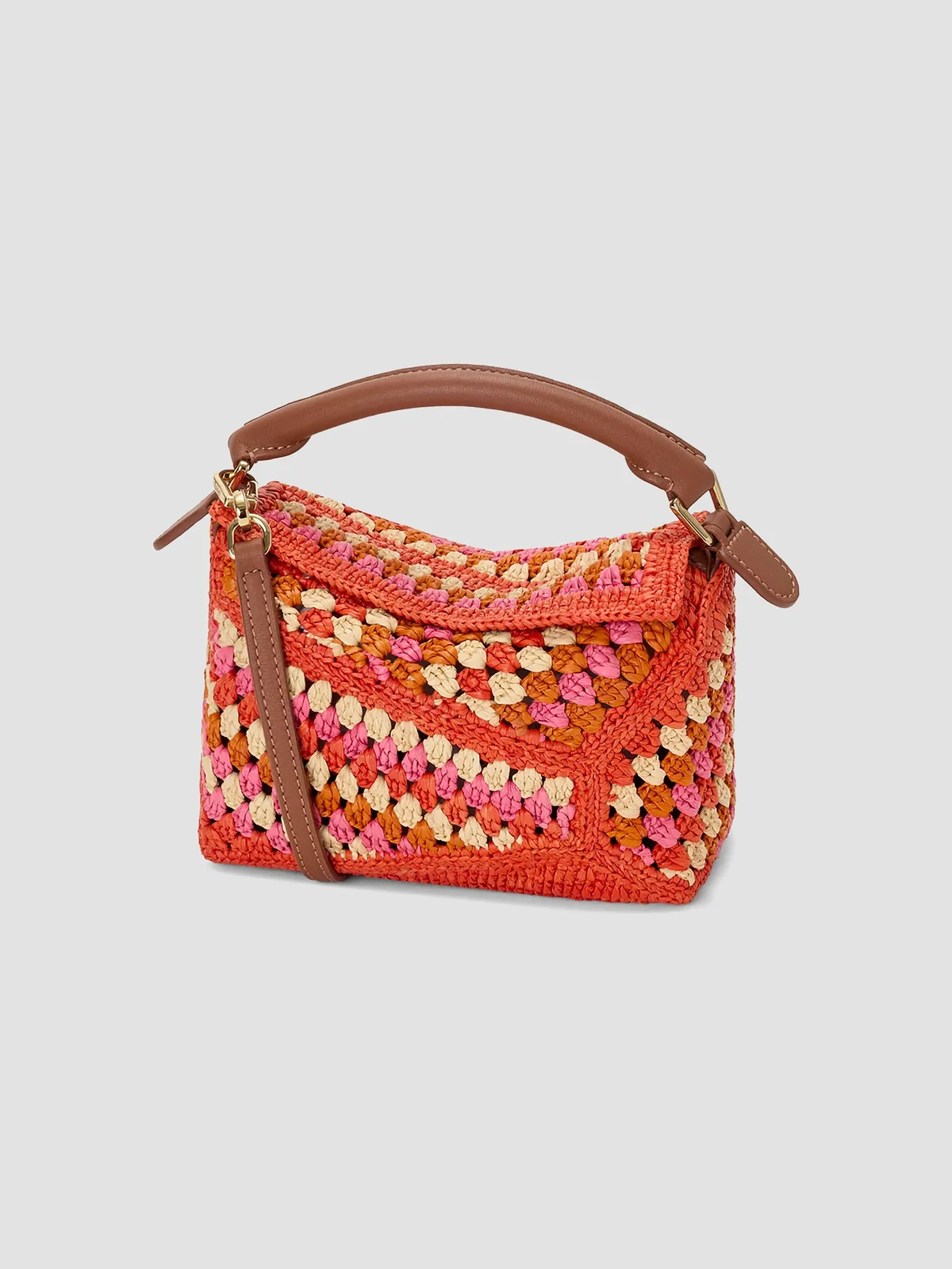 LOEWE x Paula's Ibiza Puzzle Edge Mini Crochet Raffia Bag for Sale - Bright Orange Pink