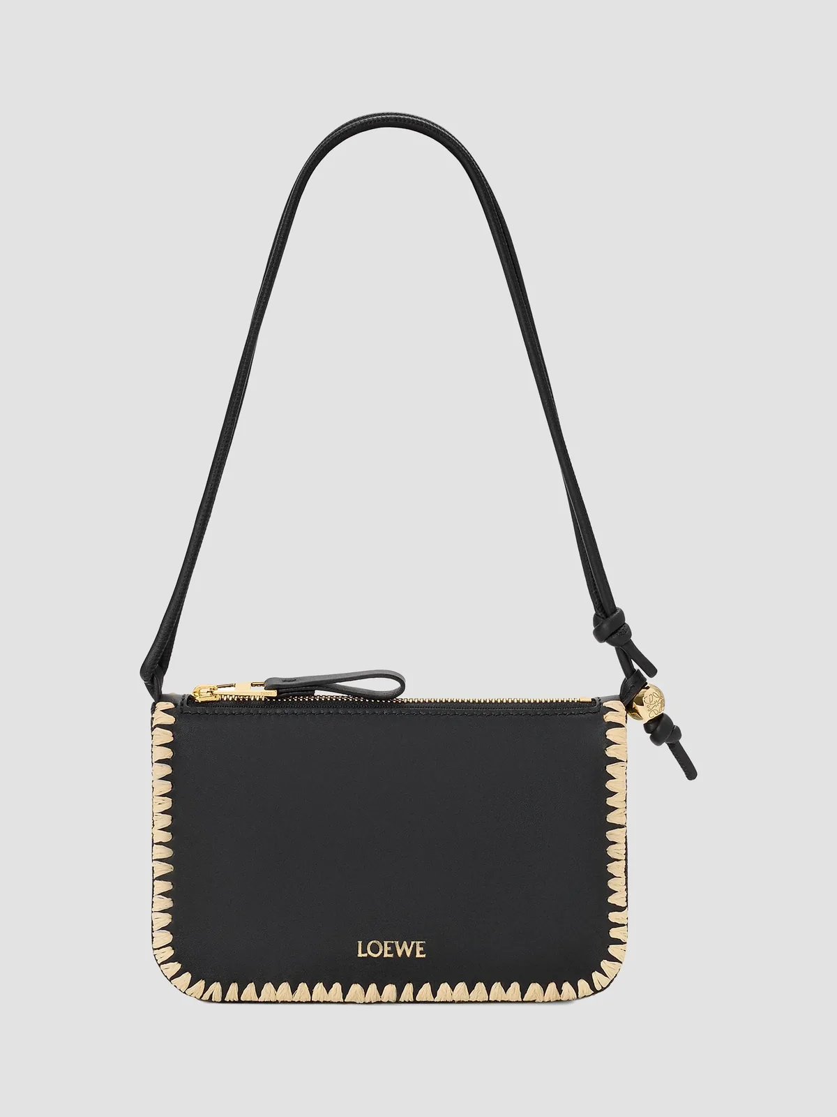 LOEWE x Paula's Ibiza Rio Whipstitch Leather-Raffia Pouch for Sale - Black