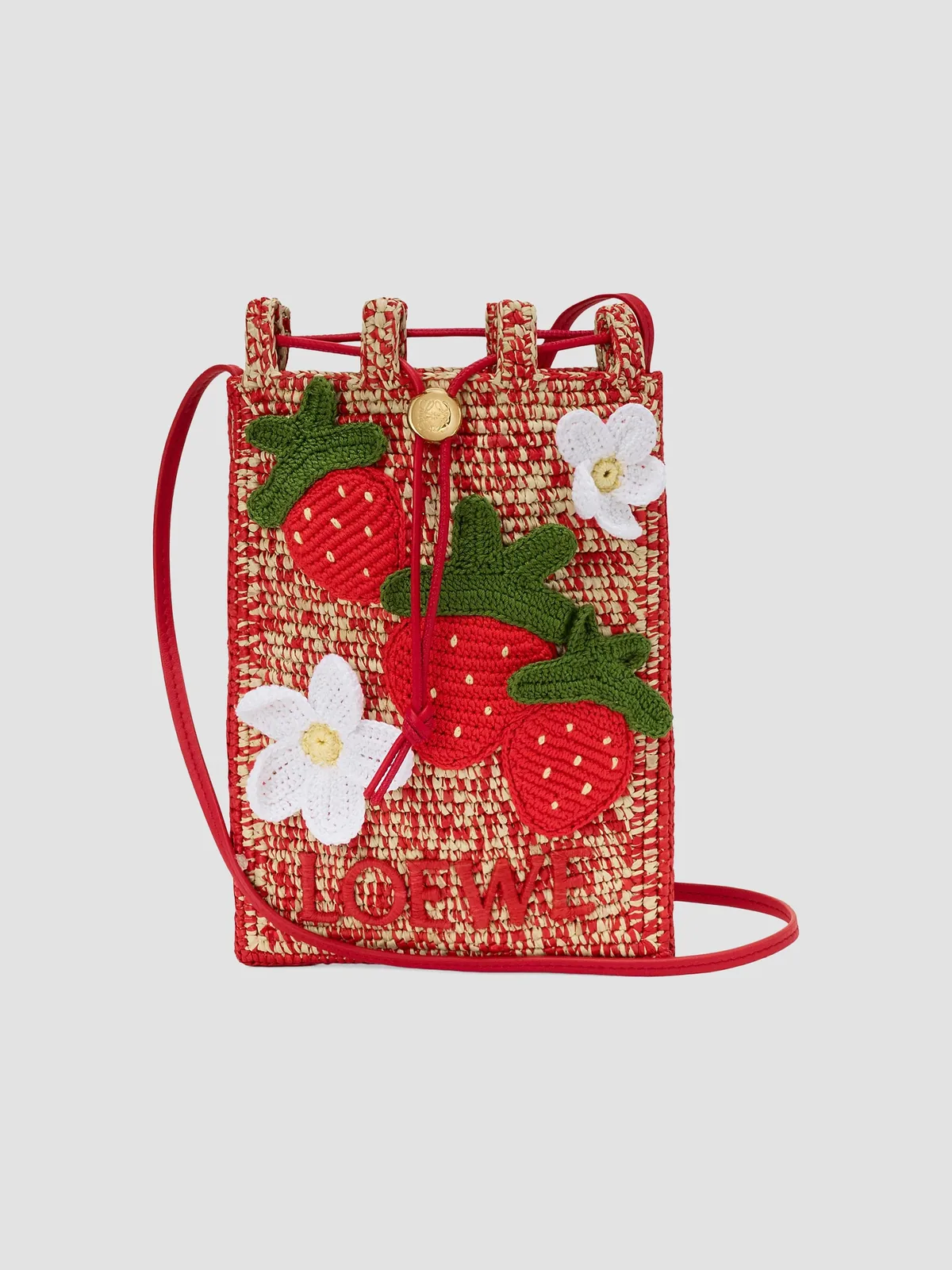LOEWE x Paula's Ibiza Strawberry-Appliqué Raffia Drawstring Pouch for Sale - Multicolor Red