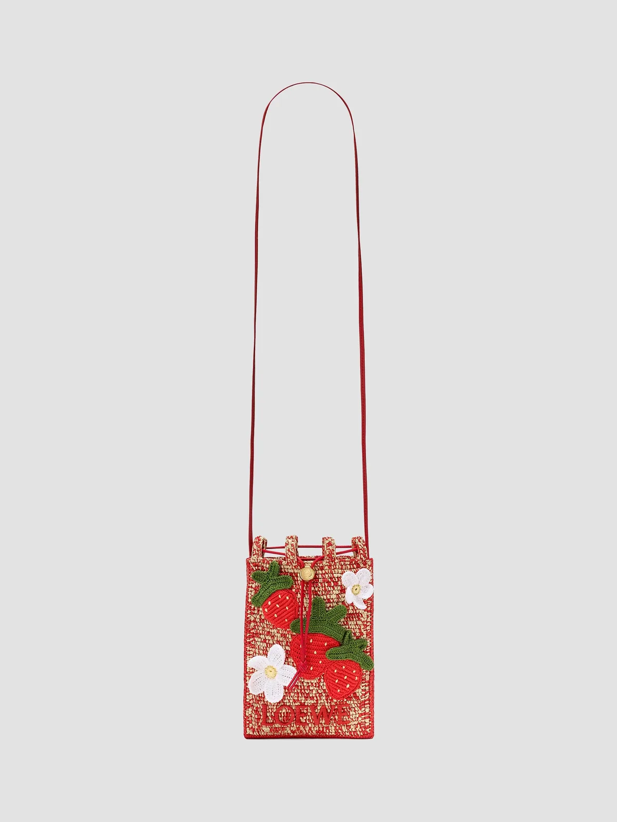 LOEWE x Paula's Ibiza Strawberry-Appliqué Raffia Drawstring Pouch for Sale