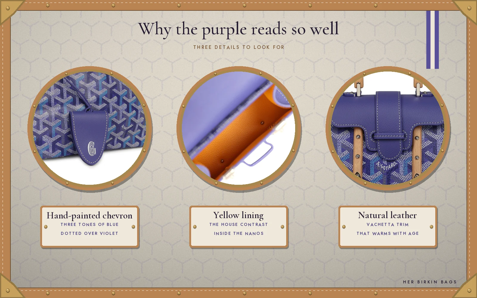 Purple Goyard bag details: hand-painted chevron, yellow lining and natural leather trim