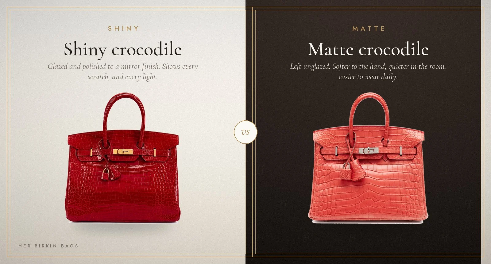 Shiny vs matte crocodile Birkin: Rouge Braise shiny porosus beside Rouge Indien matte niloticus