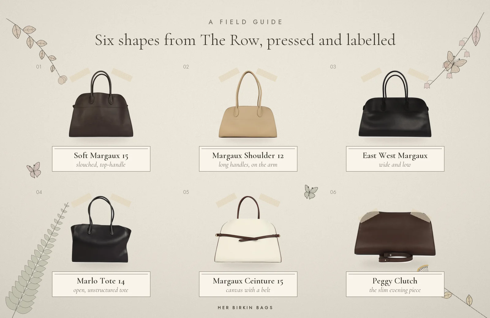 The Row bags compared: Soft Margaux 15, Margaux Shoulder 12, East West Margaux, Marlo Tote 14, Margaux Ceinture 15 and Peggy Clutch