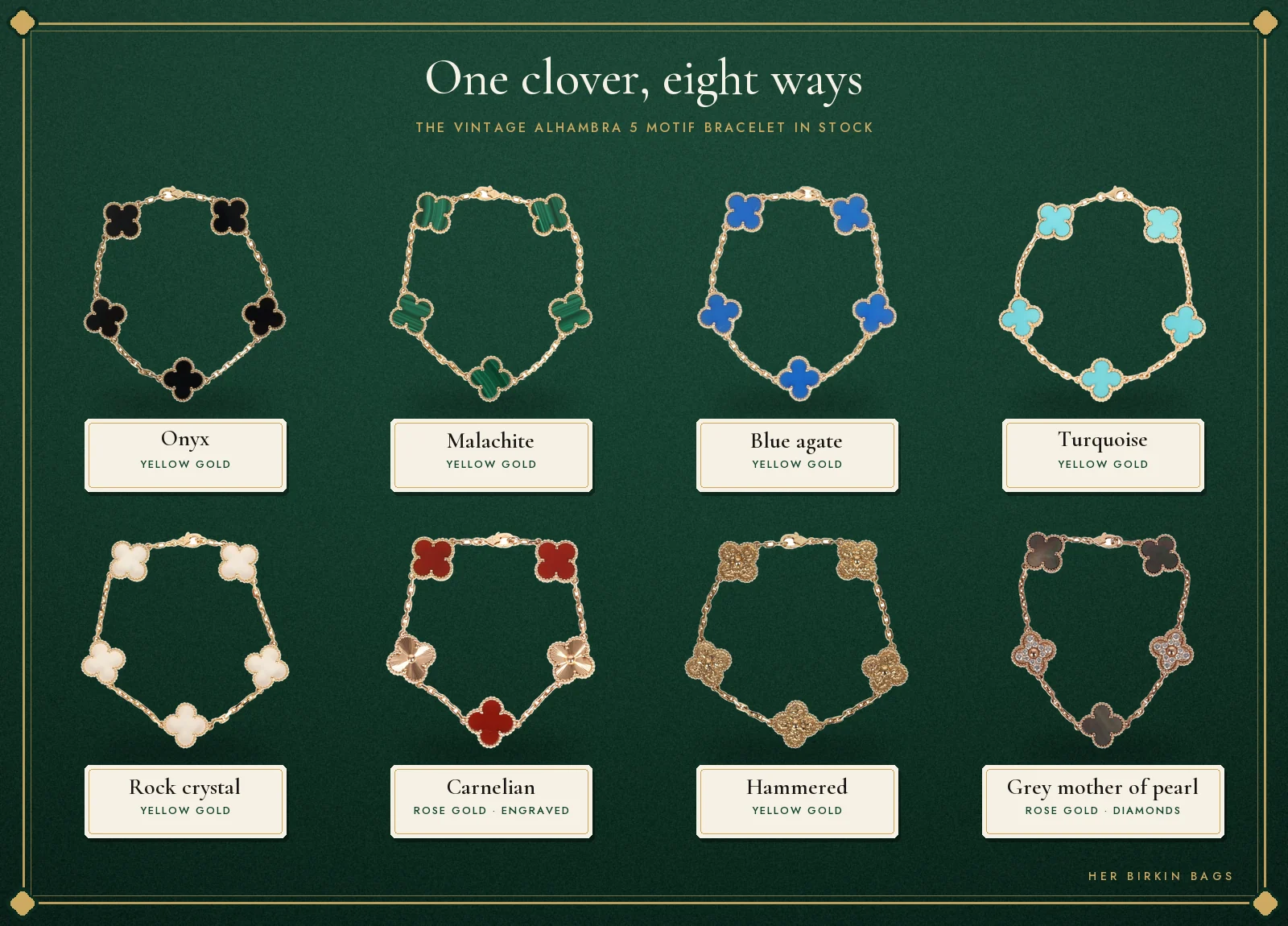 Van Cleef bracelet in eight versions: onyx, malachite, blue agate, turquoise, rock crystal, carnelian, hammered gold and grey mother of pearl